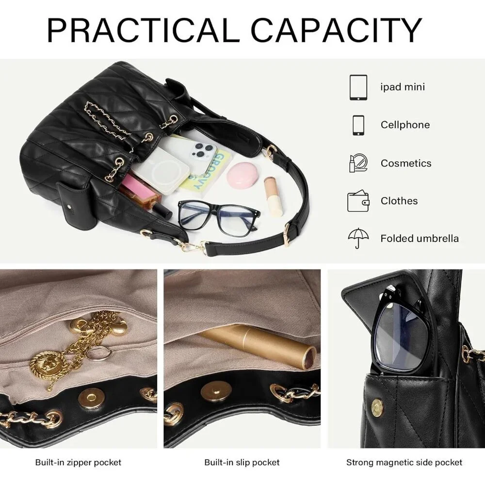 Women Black Crumpled Vegan Leather Quilted Adjustable Strap Shoulder Tote Bag
